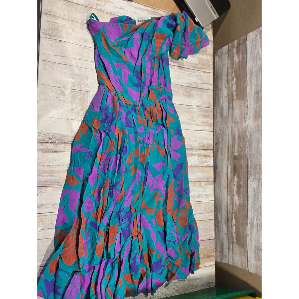 Albert Nipon by Night Vintage Silk One Shoulder Abstract Floral Midi Dress Teal